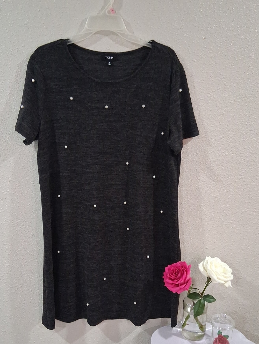 Tacera Charcoal Short Sleeve Top with Pearl Accents